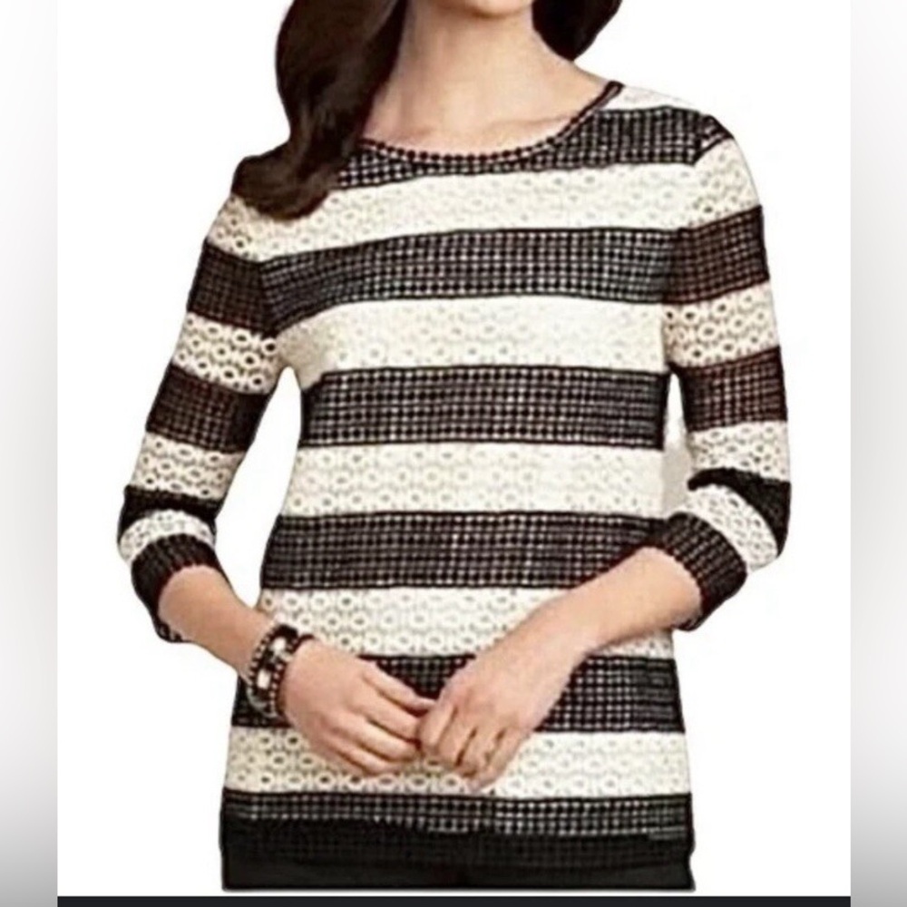 Talbots Petite Black and White Striped Lace Crochet Eyelet Blouse, Size M